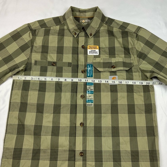 Carhartt Force Mens Relaxed Fit Button Shirt Small Plaid Short Sleeve Olive B4 - Picture 6 of 7